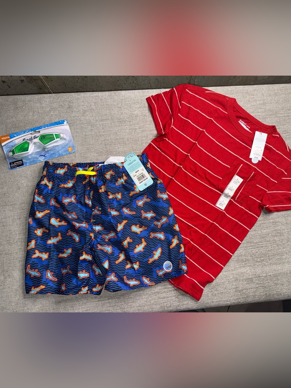 Boys Large Summer Swim Bundle Shark Trunks Shirt & Goggles NWT